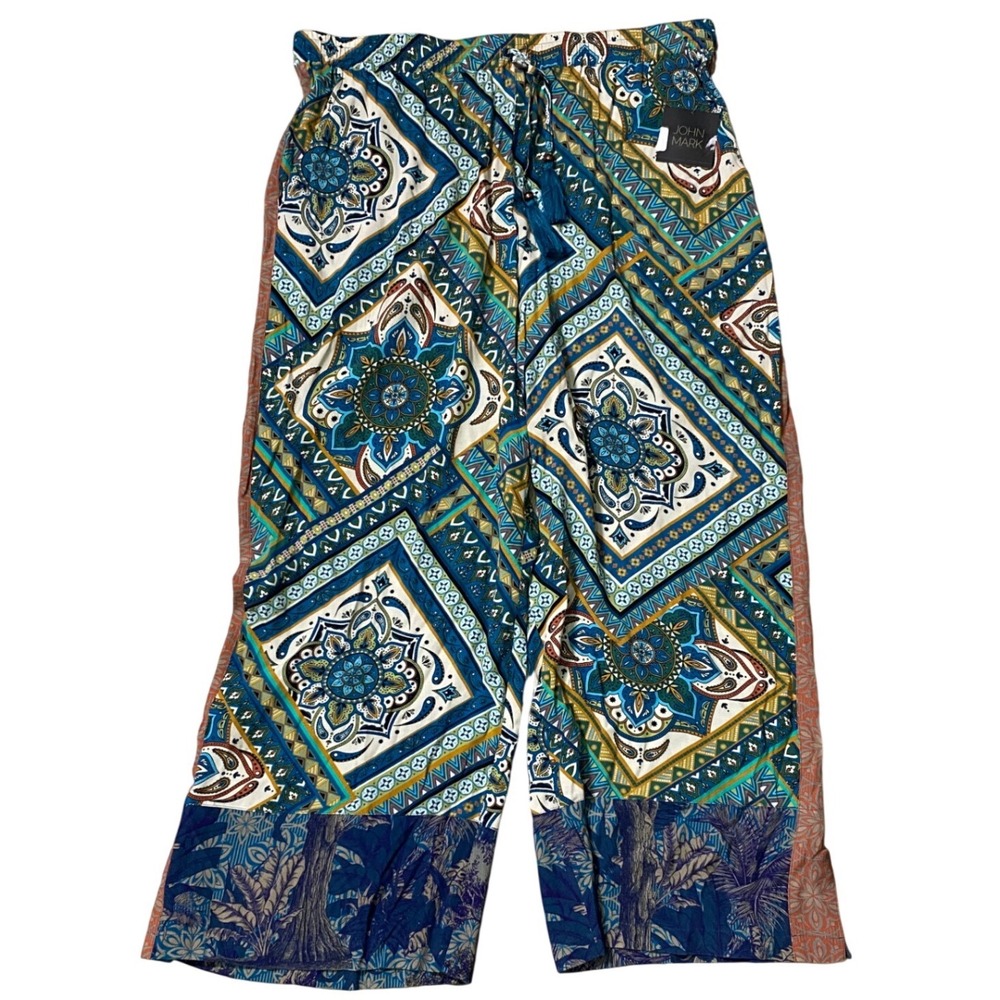 JOHN MARK Wide Leg Boho Palazzo Pants Women XL Geometric Print Tassel Drawstring